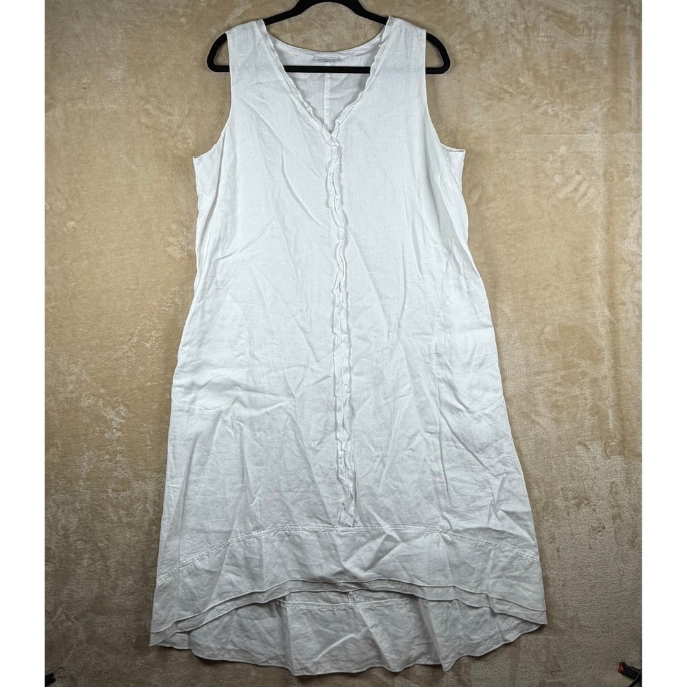 Pure Jill Elements White Linen Sleeveless V-Neck Midi Shift Hi-Lo Dress Womens L